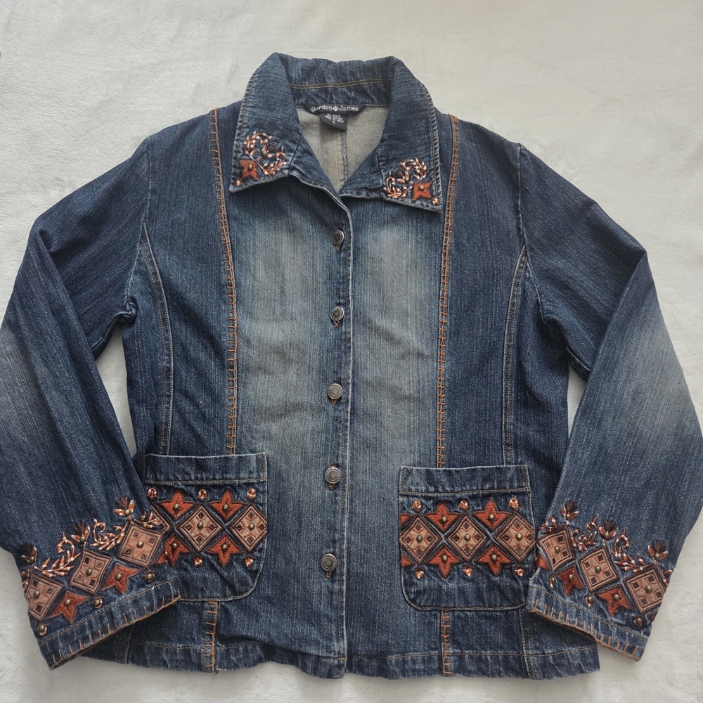 Vintage Gordon‎ James Denim Jacket Womens L Studded Embroidered
